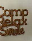 Camp & Relax & Smile Holz Schriftzug Kirschbaumholz Selbstklebend