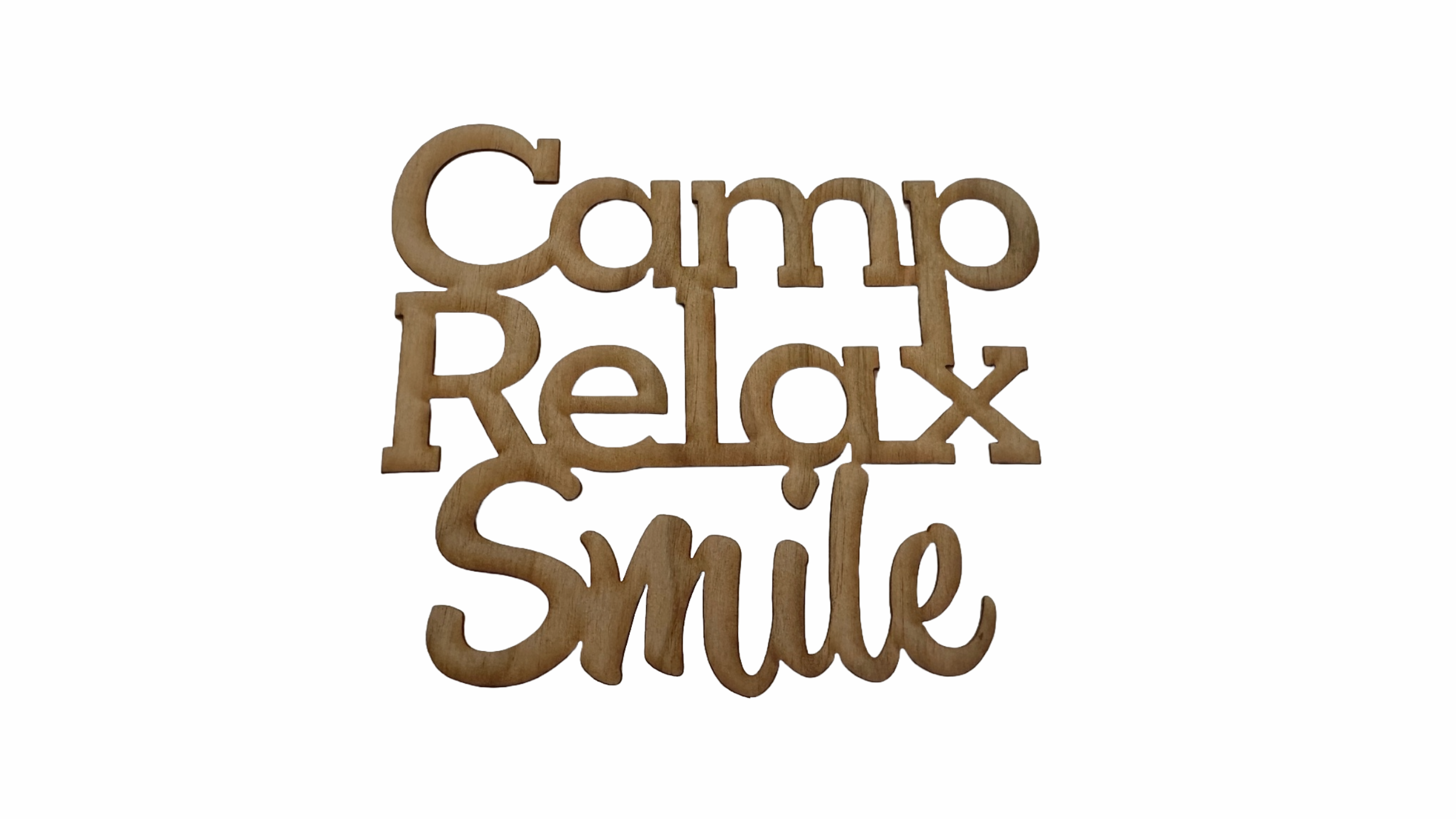 Camp &amp; Relax &amp; Smile Holz Schriftzug Kirschbaumholz Selbstklebend