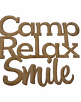 Camp & Relax & Smile Holz Schriftzug Kirschbaumholz Selbstklebend