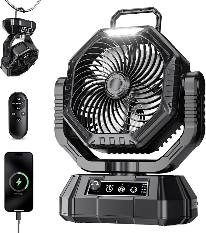 AJVV Camping-Ventilator schwarz mit Akku, Fernbedienung und LED-Licht