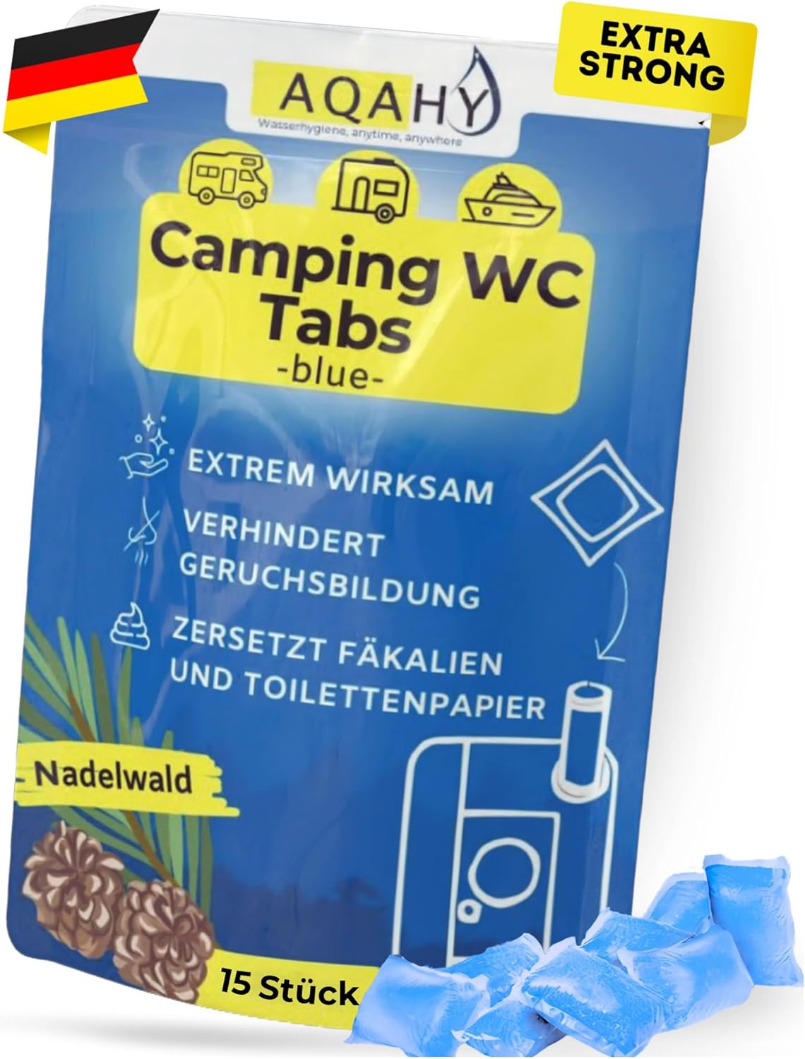 AQAHY Camping WC-Tabs blue extra stark, Nadelwald-Duft, Sanitär-Zusatz für die Campingtoilette, Made in Germany