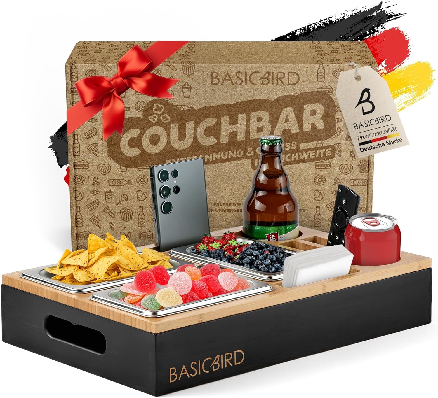 BASICBIRD Couchbar Snackbox Sofatablett Organizer aus Holz mit Getränkehalter und drei Snackschalen für Wohnmobil und Couch