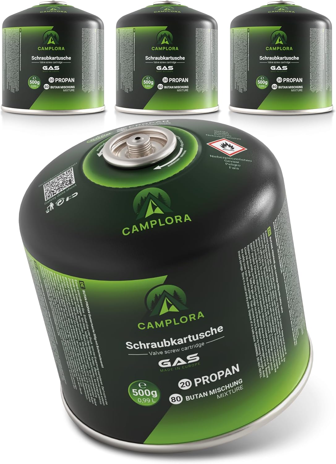 CAMPLORA Schraub-Gaskartuschen 500g im 4er-Pack mit EN417-Ventil fürs Camping