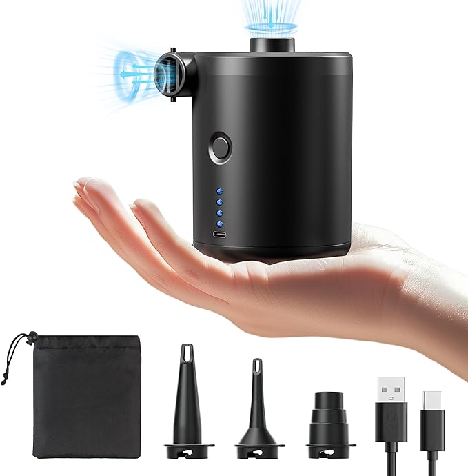 QPAU elektrische Akku-Luftpumpe schwarz mit drei Düsen