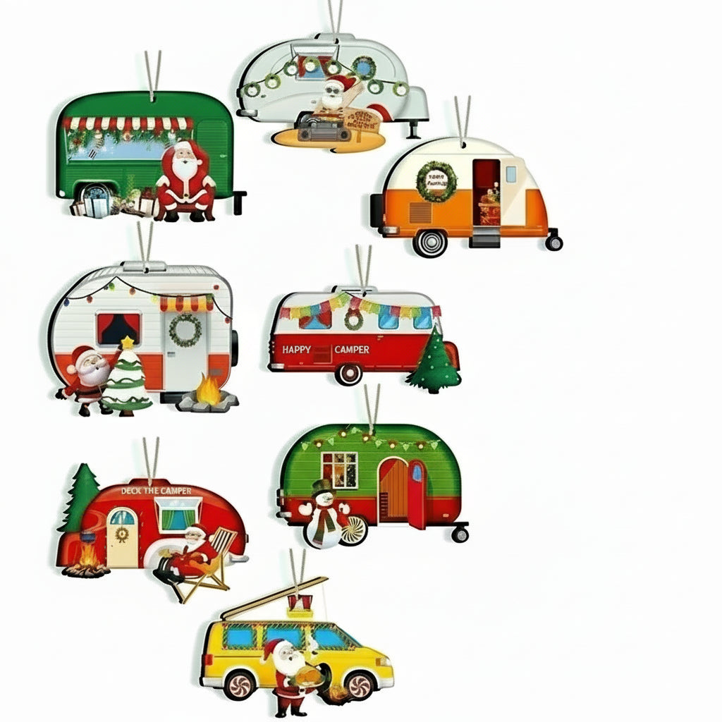 2D 8-teiliger Wohnmobil-Weihnachtsbaumschmuck Auf weißem Hintergrund 