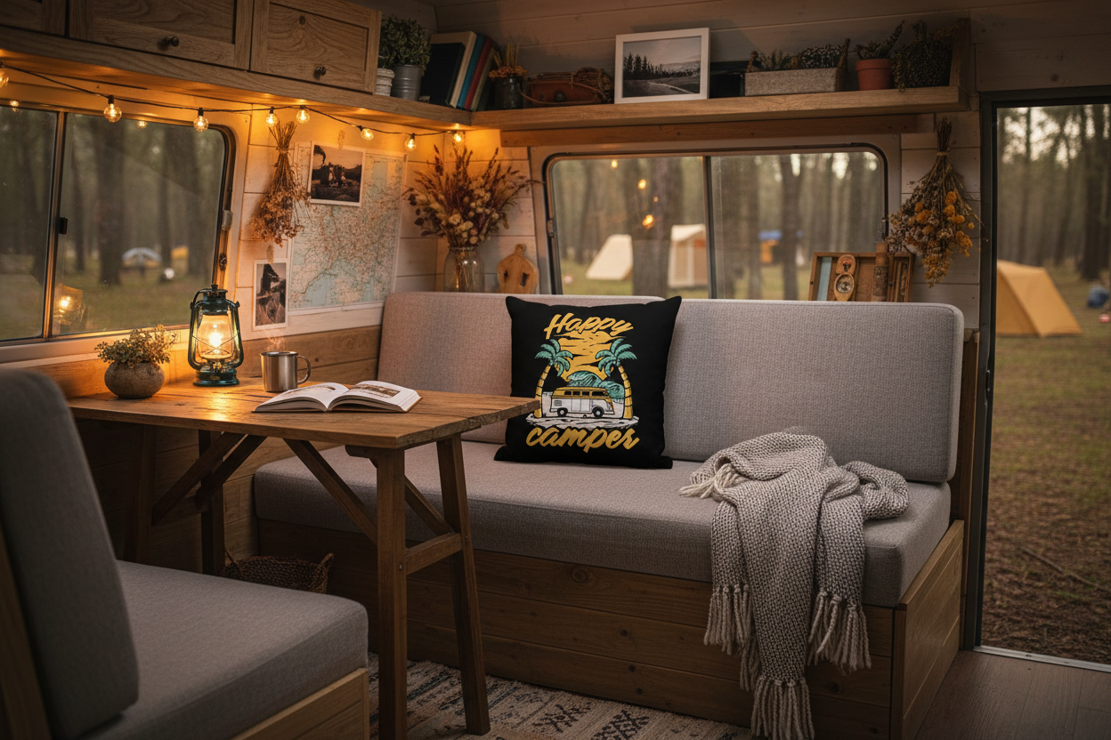 Happy Camper Schwarz Kissenbezug - Camper Van Wohnmobil Dekor Shop | Inselcamper