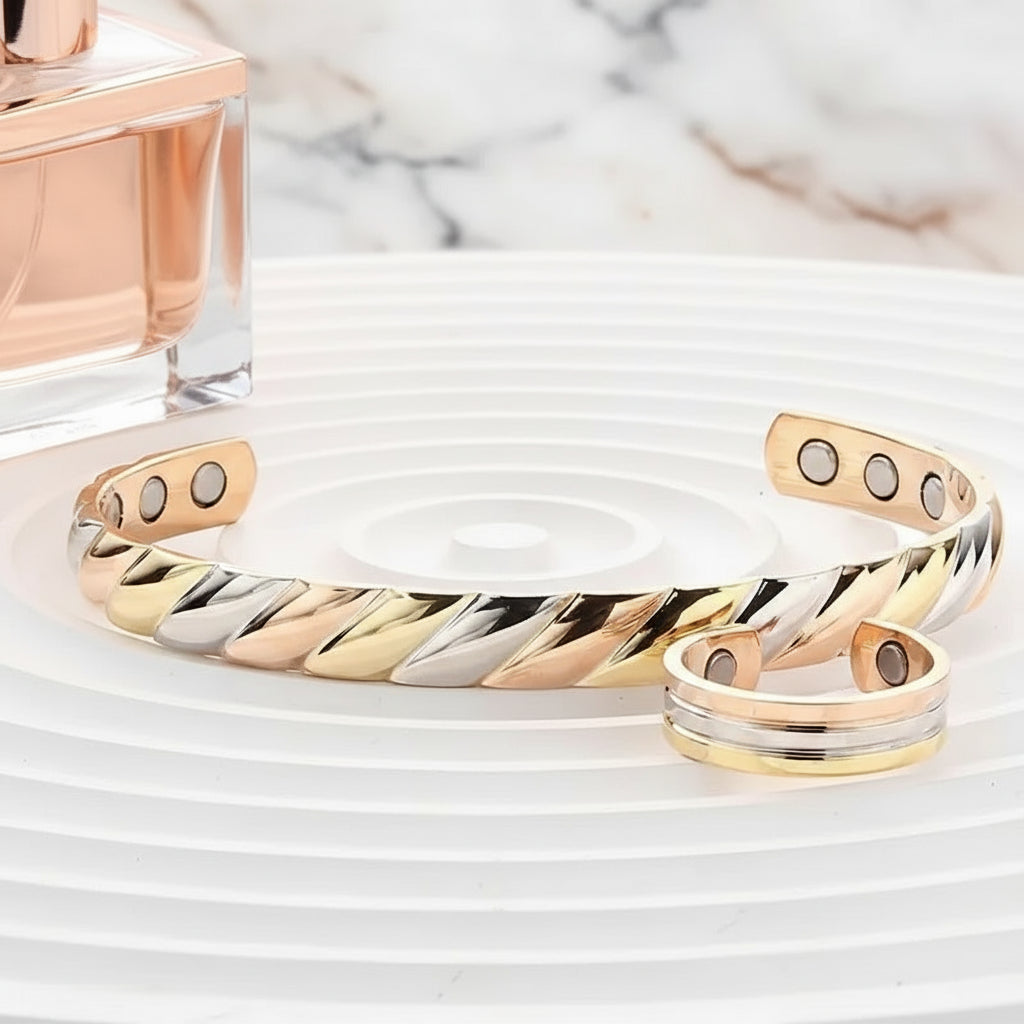 Kupferschmuck Armband & Ring Set mit Magneten dreifarbig