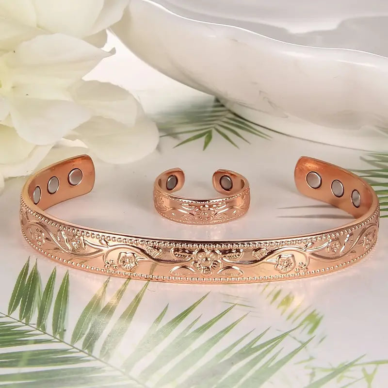 Kupferschmuck Armband & Ring Set mit Magneten im Vintage-Blumen-Design-1