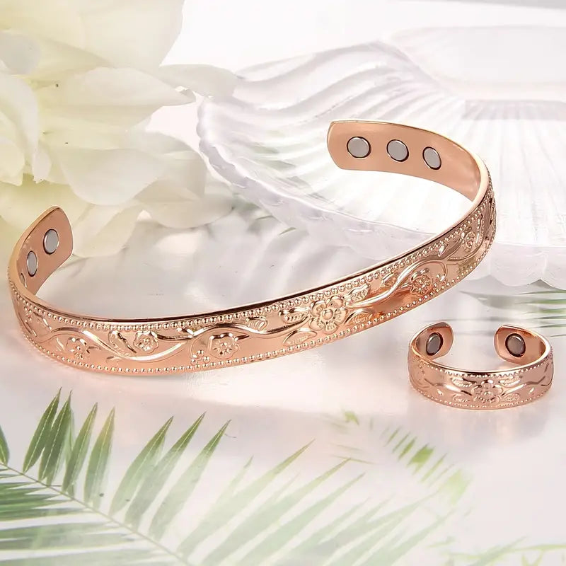 Kupferschmuck Armband & Ring Set mit Magneten im Vintage-Blumen-Design-2