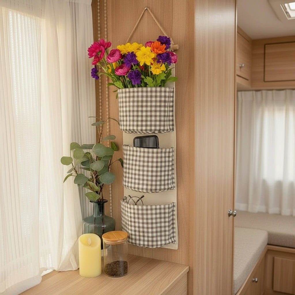 Leinen Hängetasche Aufbewahrungstasche Organizer kariert mit 3 Taschen