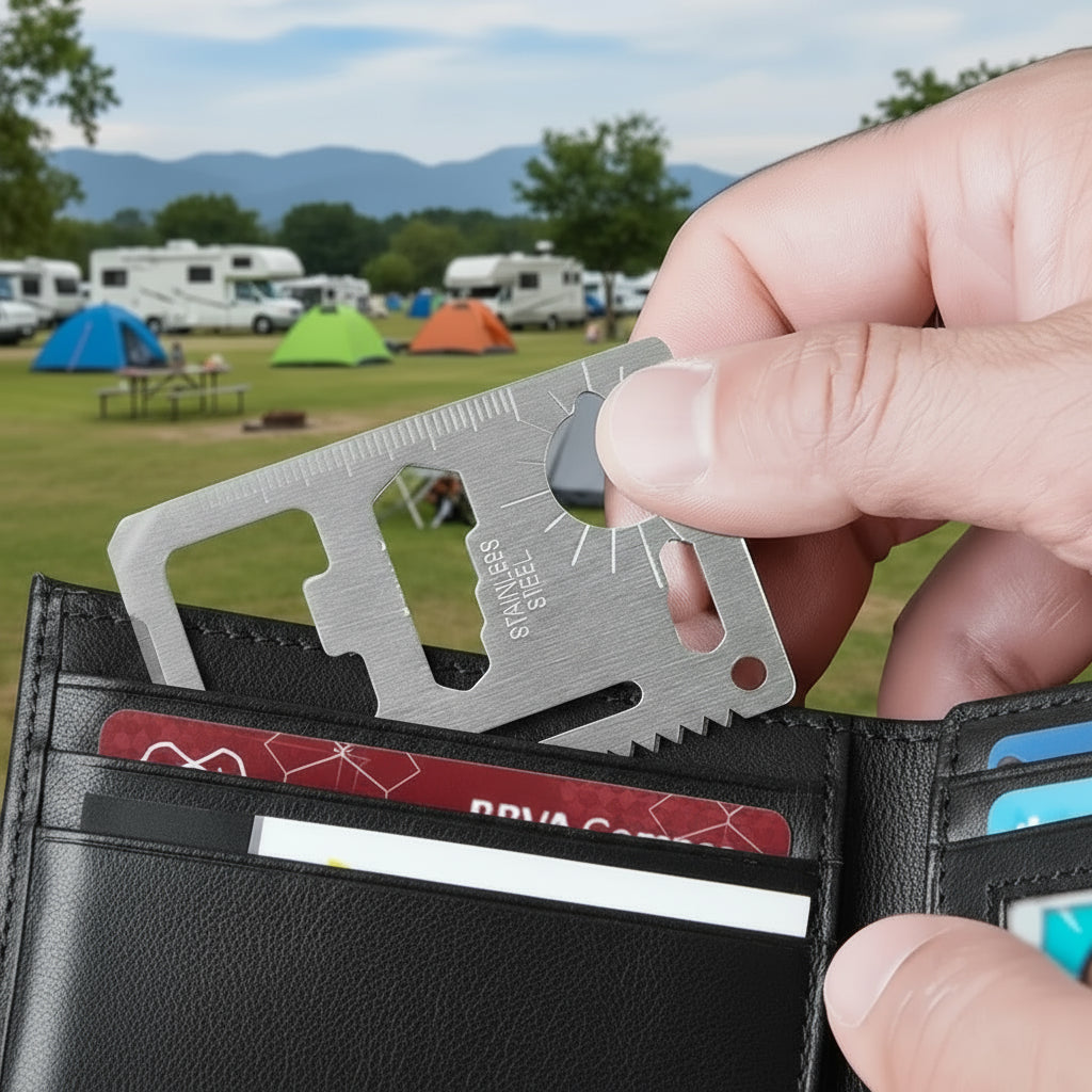 Multifunktions-Überlebenskarte mit 11 Funktionen - 11 in 1 Edelstahl im Geldbeutel