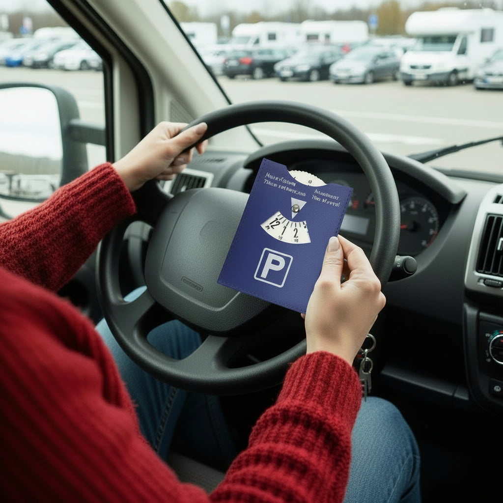 Parkscheibe in Hand im Auto